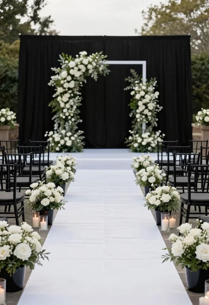 17 Black And White Wedding Ideas That Feel Modern - 2. Stylish Ceremony Aisle 1