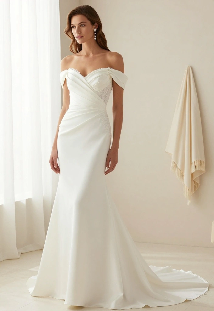17 Courthouse Wedding Dress Ideas That Feel Chic - 15. Timeless Off-the-Shoulder Dress 1