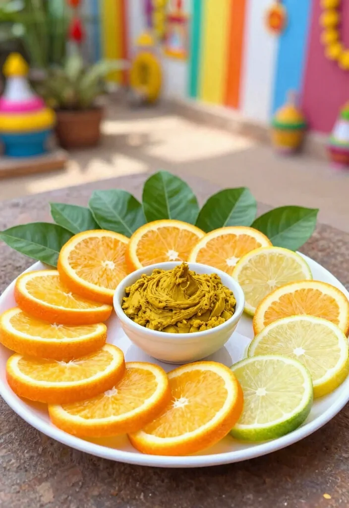 17 Haldi Plate Decoration Ideas For Vibrant Ceremonies - 3. Colorful Citrus 1
