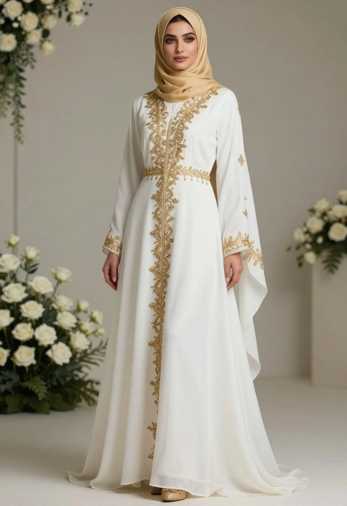 17 Nikah Dress Ideas For Timeless Elegance - 1. Ethereal White Gown with Gold Accents 1