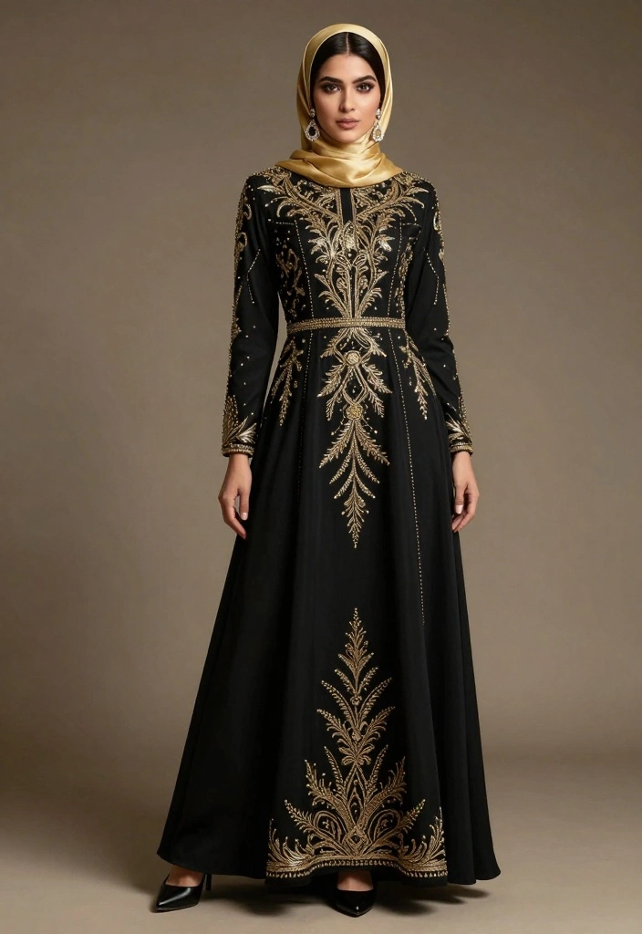 17 Nikah Dress Ideas For Timeless Elegance - 17. Timeless Black Gown with Gold Accents 1