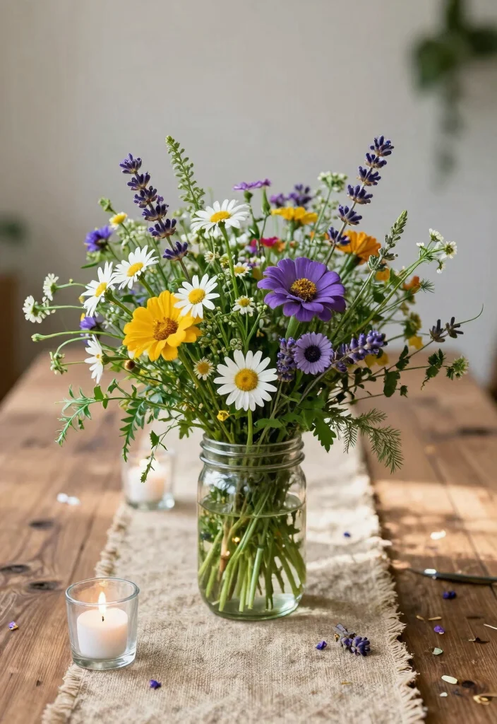 17 Rehearsal Dinner Table Decorations Ideas Guests Will Remember - 1. Wildflower Centerpieces 1