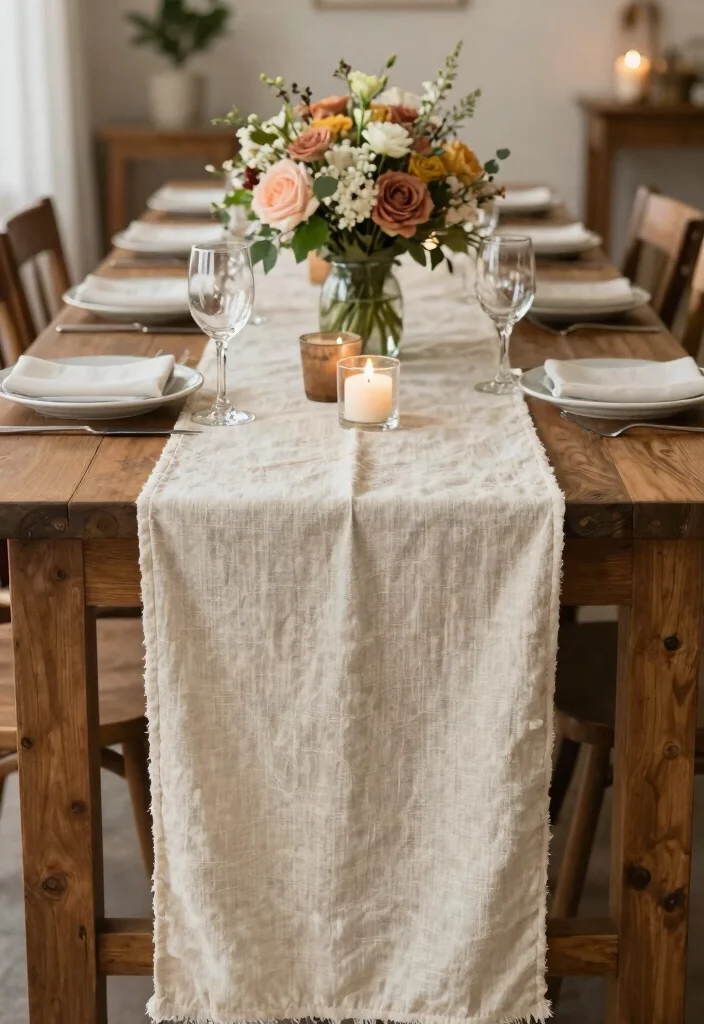 17 Rehearsal Dinner Table Decorations Ideas Guests Will Remember - 13. Natural Cotton Table Runners 1