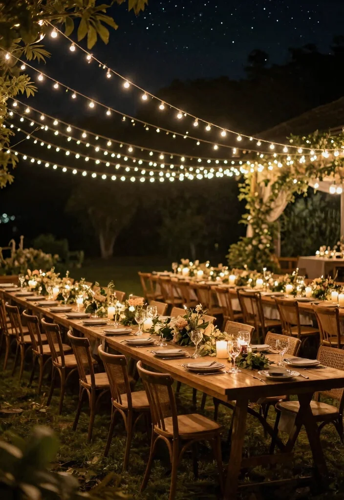 17 Rehearsal Dinner Table Decorations Ideas Guests Will Remember - 15. Festive String Lighting 1
