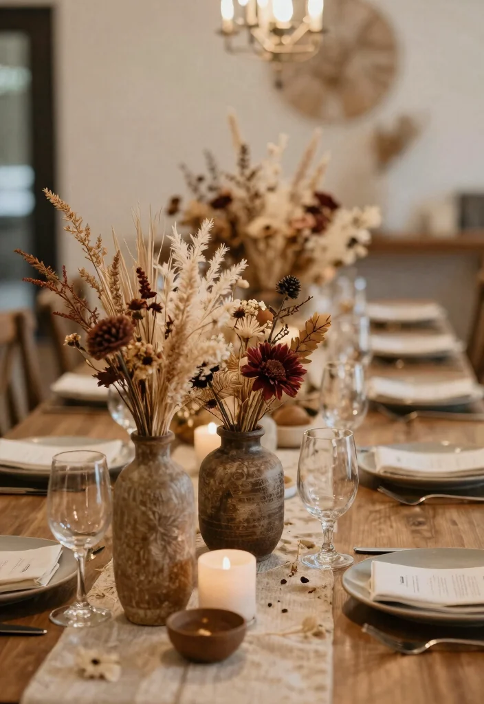 17 Rehearsal Dinner Table Decorations Ideas Guests Will Remember - 16. Dried Flower Arrangements 1