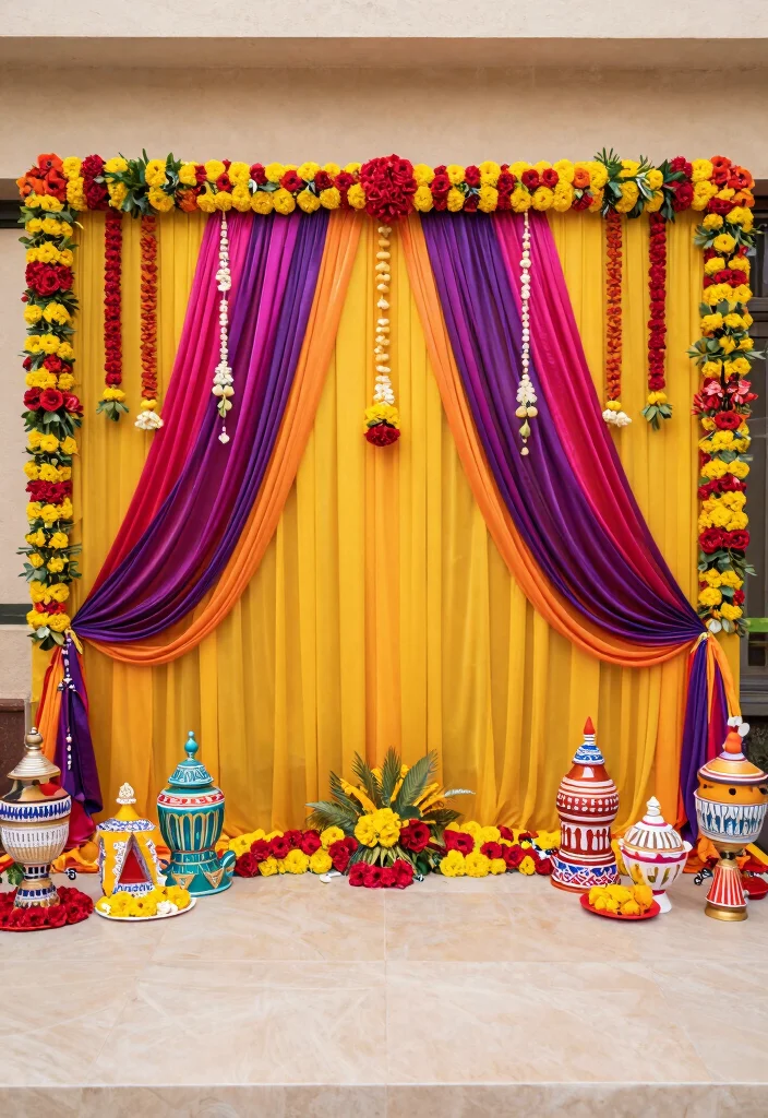 18 Haldi Mehendi Decoration Ideas That Combine Colors Perfectly - 10. Colorful Backdrops for Photos 1