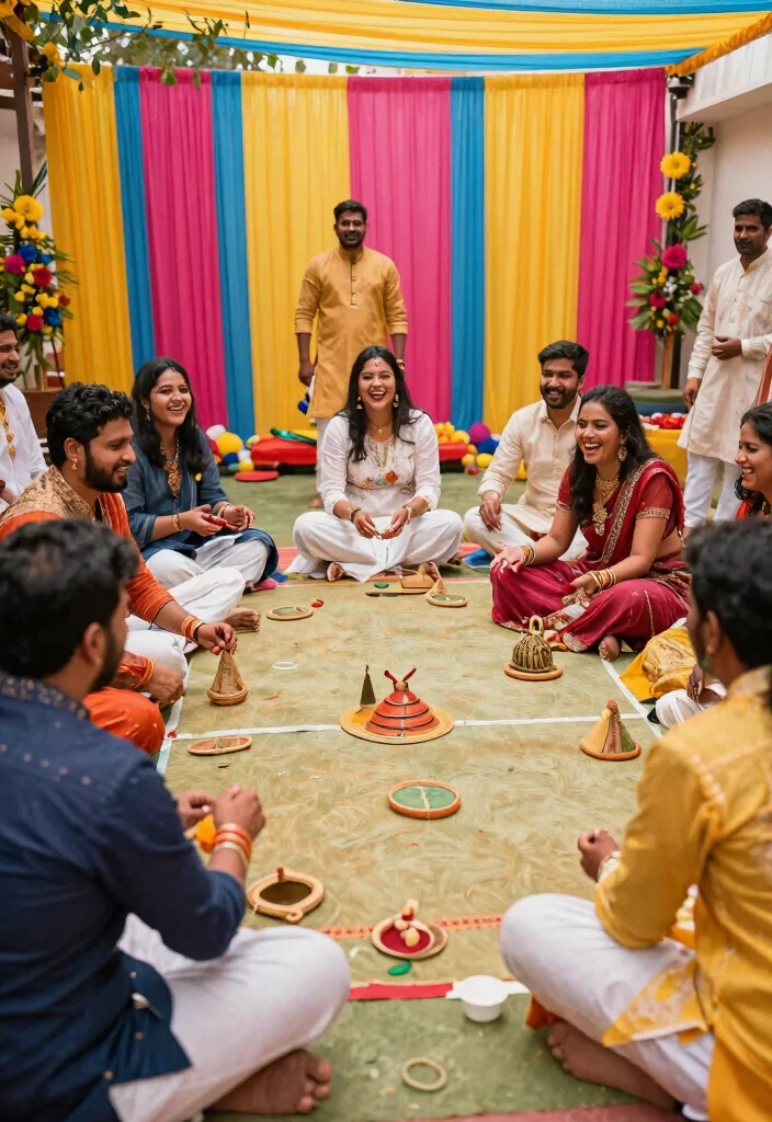 18 Haldi Mehendi Decoration Ideas That Combine Colors Perfectly - 15. Traditional Games with a Twist 1