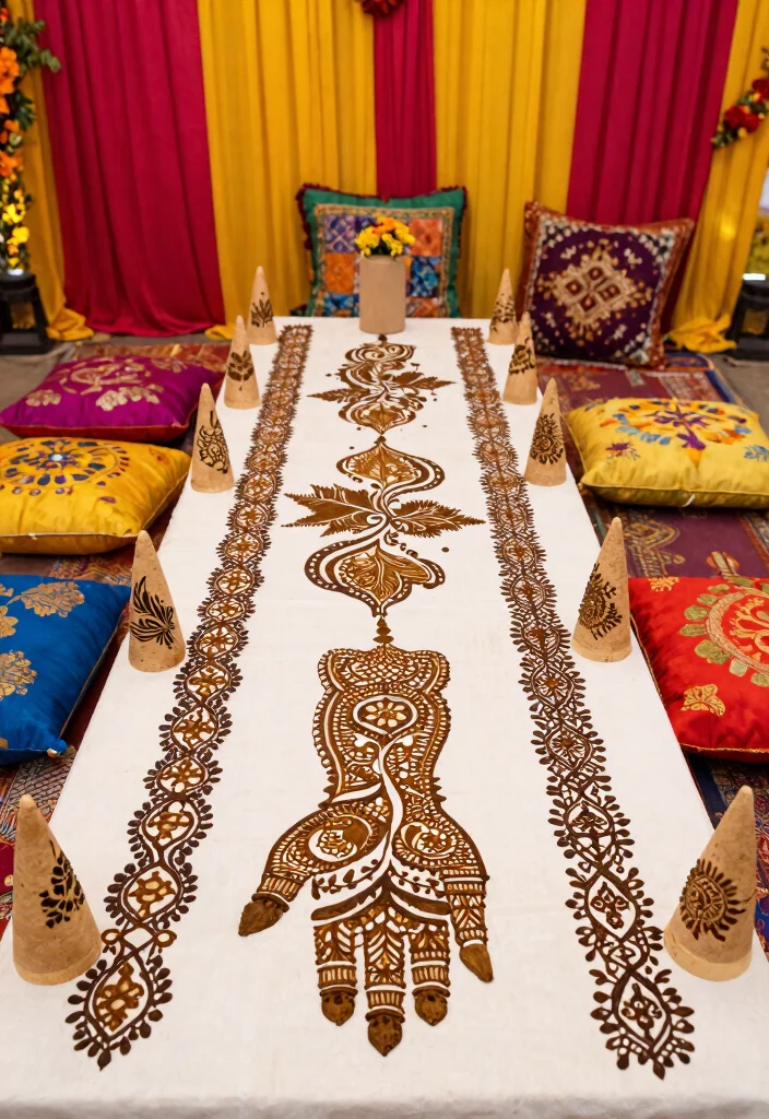 18 Haldi Mehendi Decoration Ideas That Combine Colors Perfectly - 4. Henna-Themed Decor 1