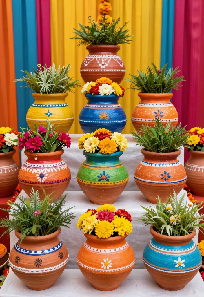 18 Haldi Mehendi Decoration Ideas That Combine Colors Perfectly - 7. Colorful Terracotta Pots 1