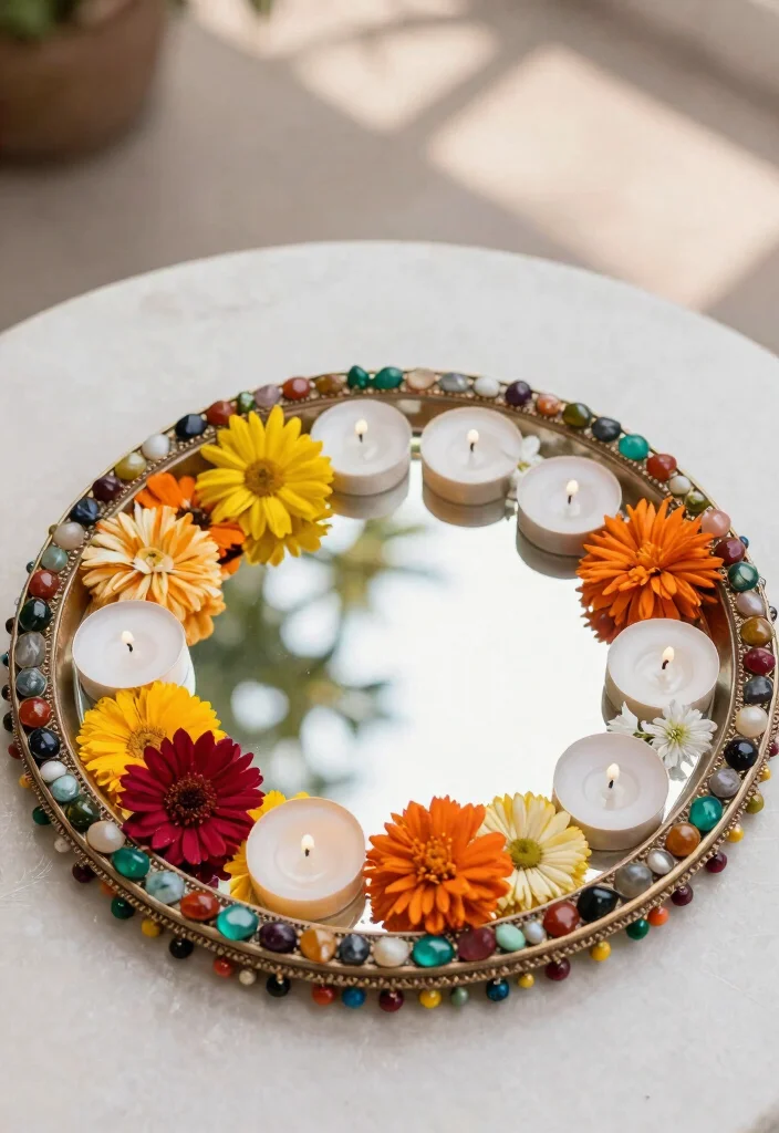 18 Mehndi Thali Decoration Ideas That Dazzle - 17. Artistic Mirror Thali 1