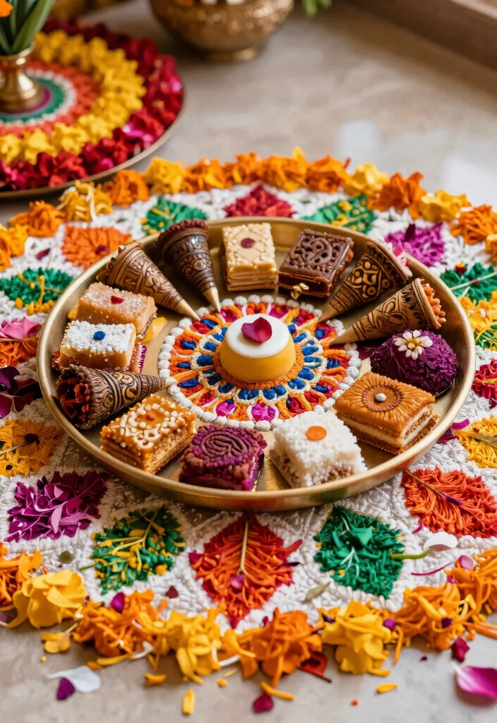 18 Mehndi Tray Decoration Ideas That Look Beautiful in Photos - 15. Colorful Rangoli Designs 1