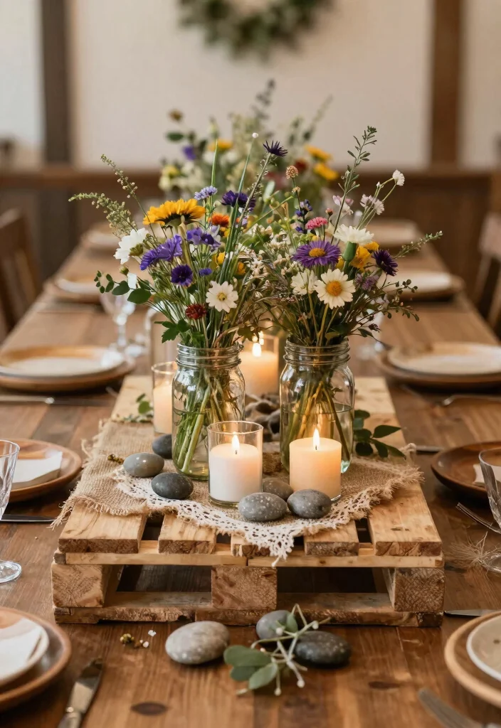 18 Pallet Wedding Ideas That Feel Rustic And Creative - 3. Pallet Table Centerpieces 1