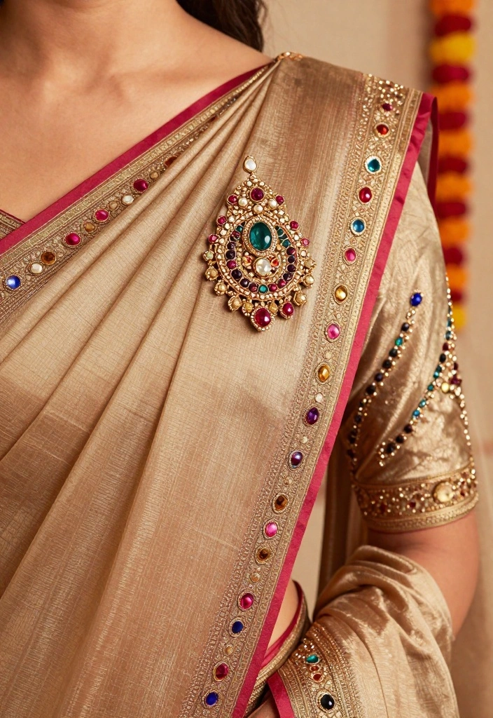18 Saree Decoration Ideas For Elegant Functions - 11. Statement Saree Pins: Simple Yet Effective 1