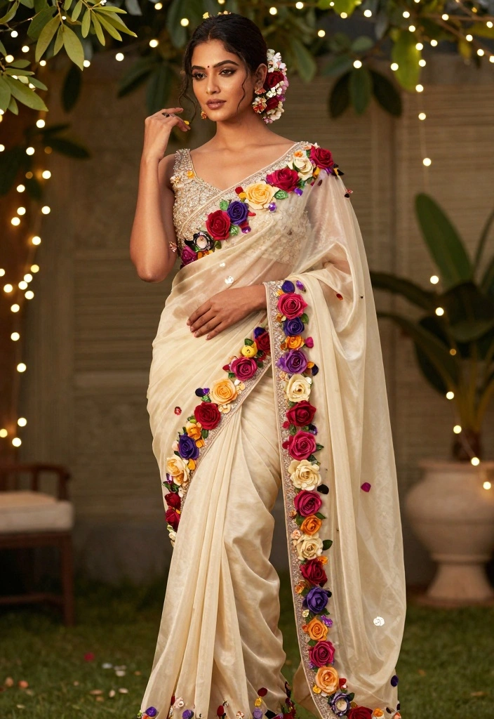 18 Saree Decoration Ideas For Elegant Functions - 3. Floral Embellishments: Nature's Touch 1