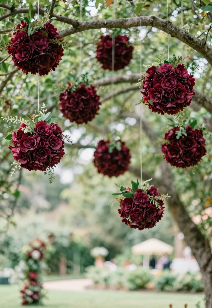 19 Burgundy Wedding Ideas That Feel Warm and Elegant - 11. Burgundy Kissing Balls 1