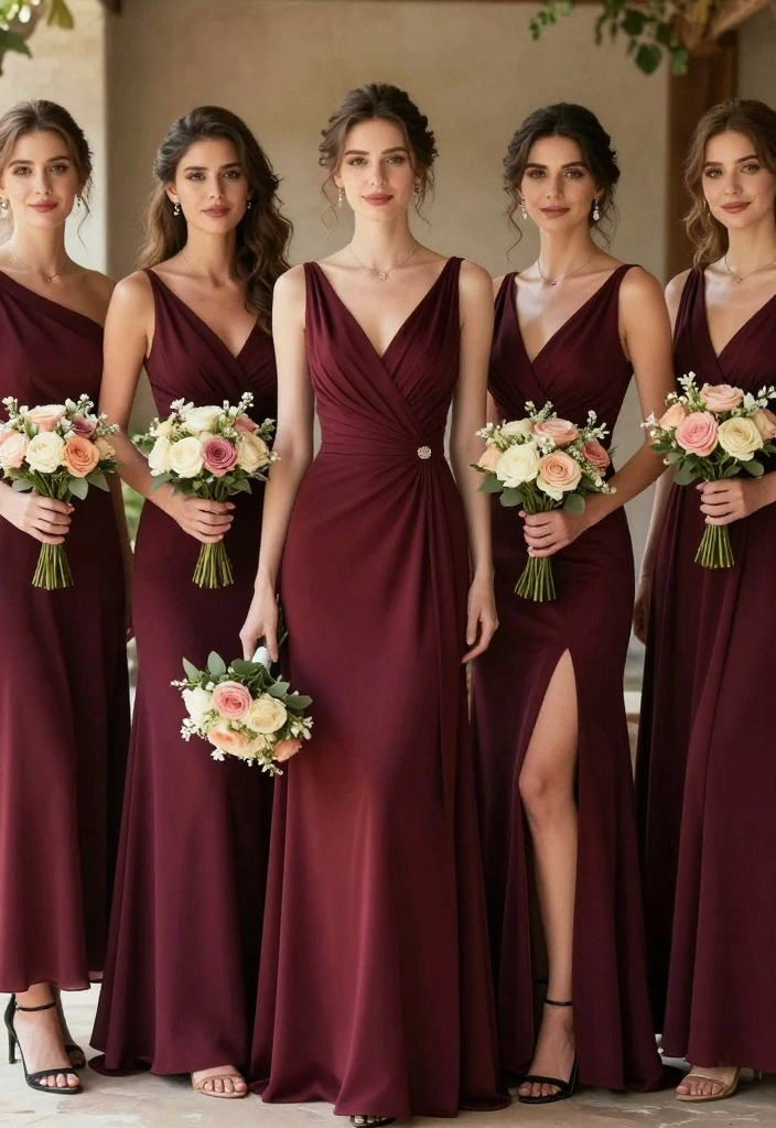 19 Burgundy Wedding Ideas That Feel Warm and Elegant - 7. Burgundy Bridesmaid Dresses 1