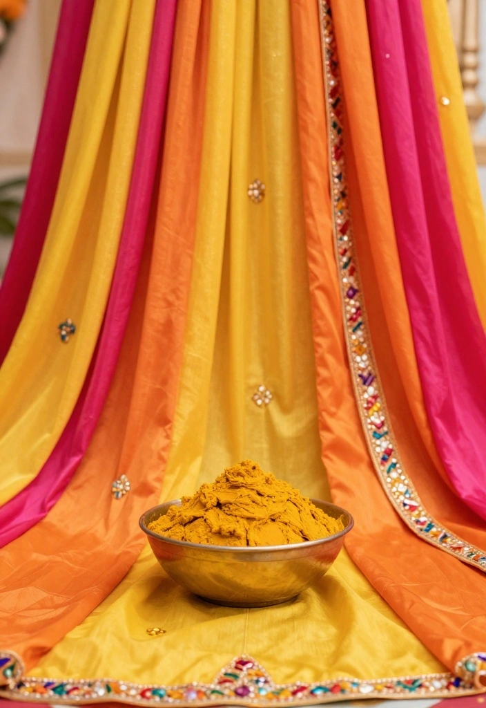 19 Haldi Bowl Decoration Ideas That Look Festive - 2. Colorful Fabric Drapes 1