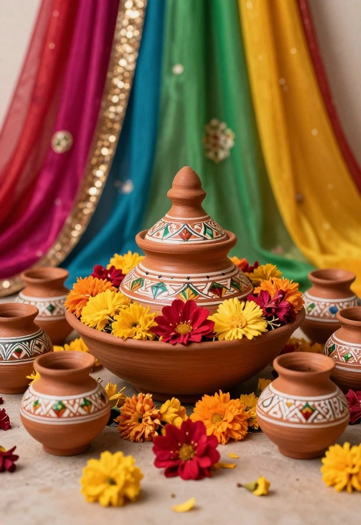 19 Haldi Bowl Decoration Ideas That Look Festive - 4. Traditional Indian Pottery 1