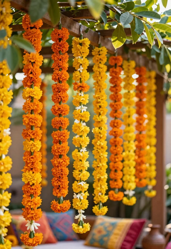 19 Haldi Decoration Ideas That Are Bright and Joyful - 1. Eco-Friendly Marigold Garlands 1