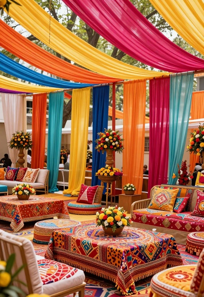 19 Haldi Decoration Ideas That Are Bright and Joyful - 10. Traditional Indian Fabrics 1