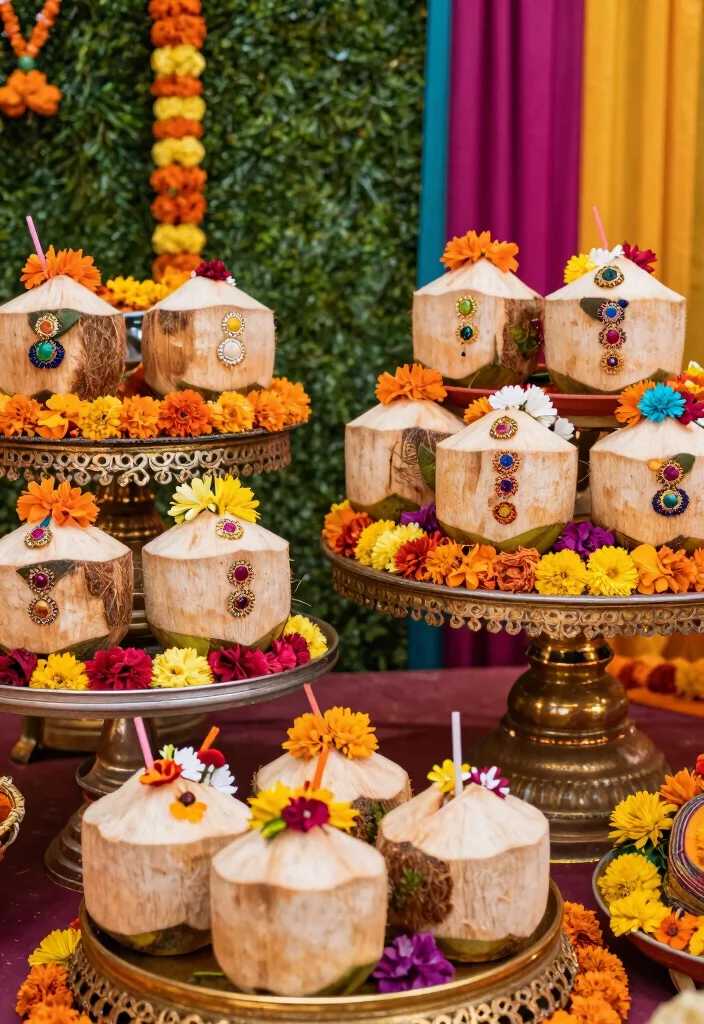 19 Haldi Decoration Ideas That Are Bright and Joyful - 11. Fresh Coconut Decor 1