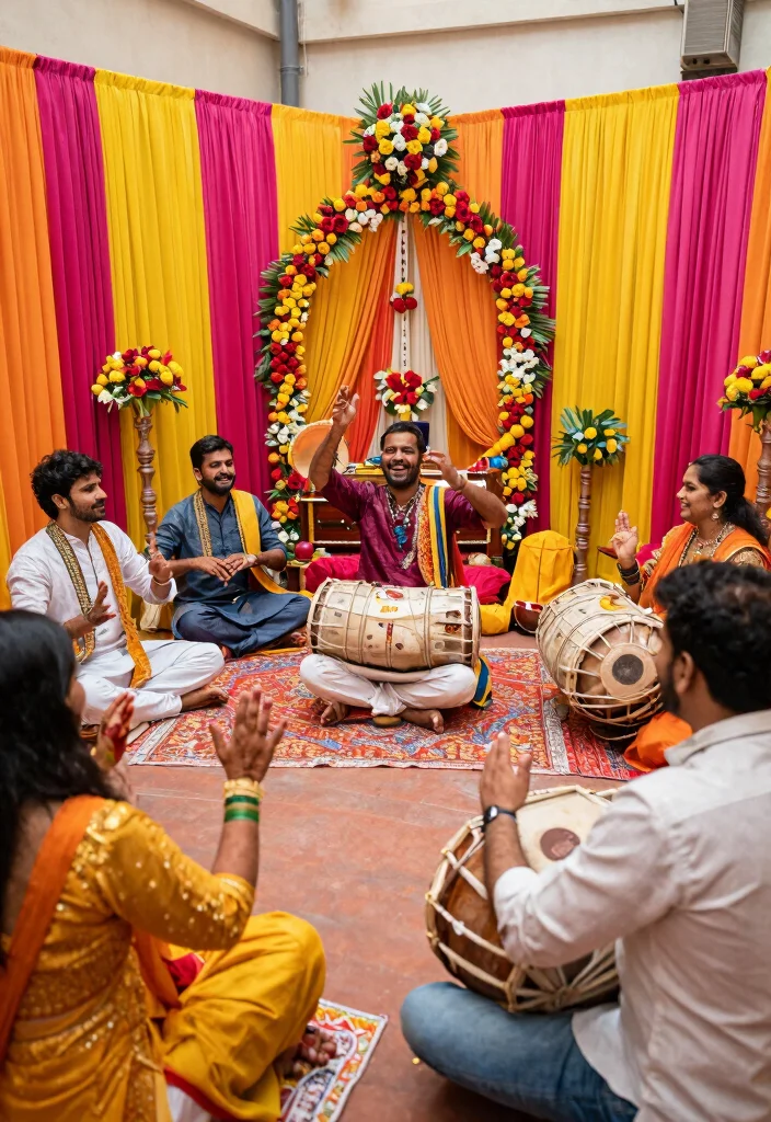 19 Haldi Decoration Ideas That Are Bright and Joyful - 15. Traditional Music Corner 1