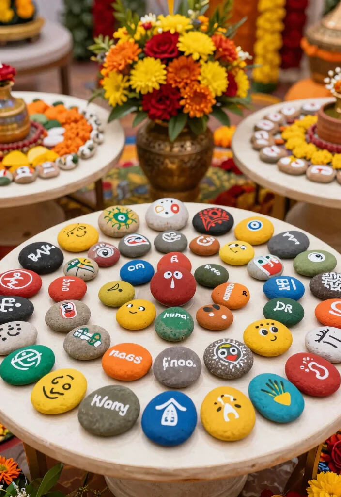 19 Haldi Decoration Ideas That Are Bright and Joyful - 9. Brightly Painted Stones 1