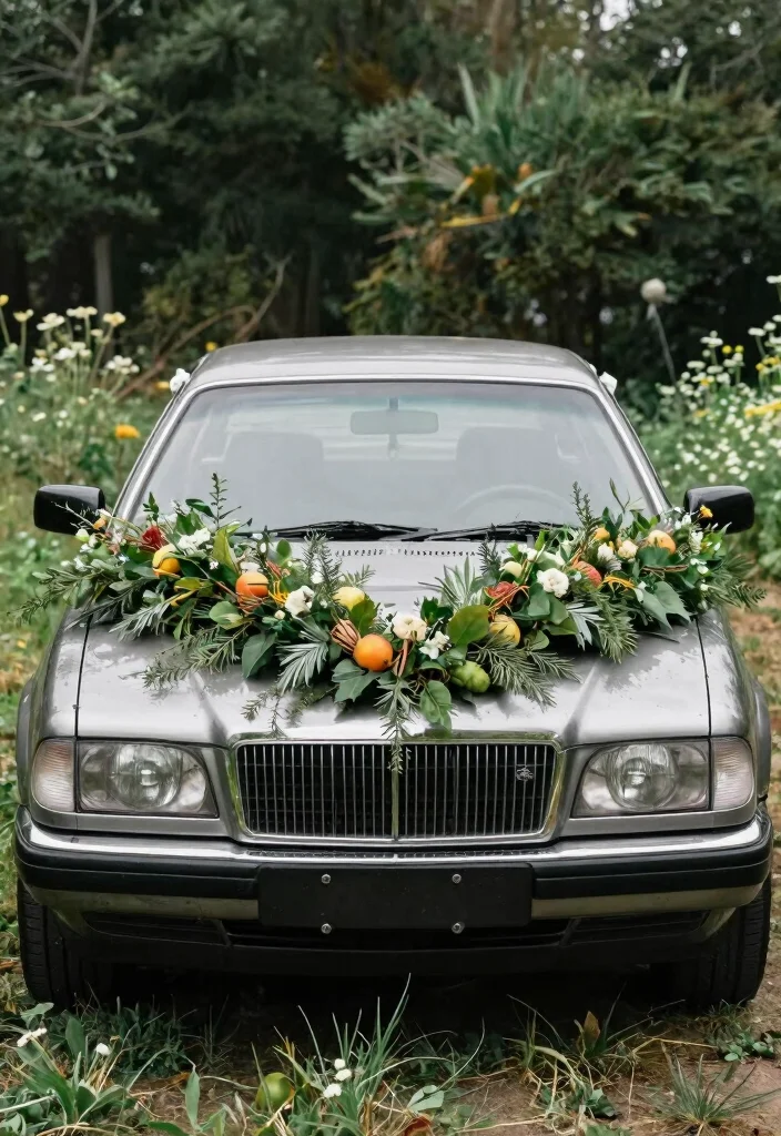 19 Wedding Cars Decoration Ideas That Make a Grand Entrance - 14. Creative Use of Nature 1