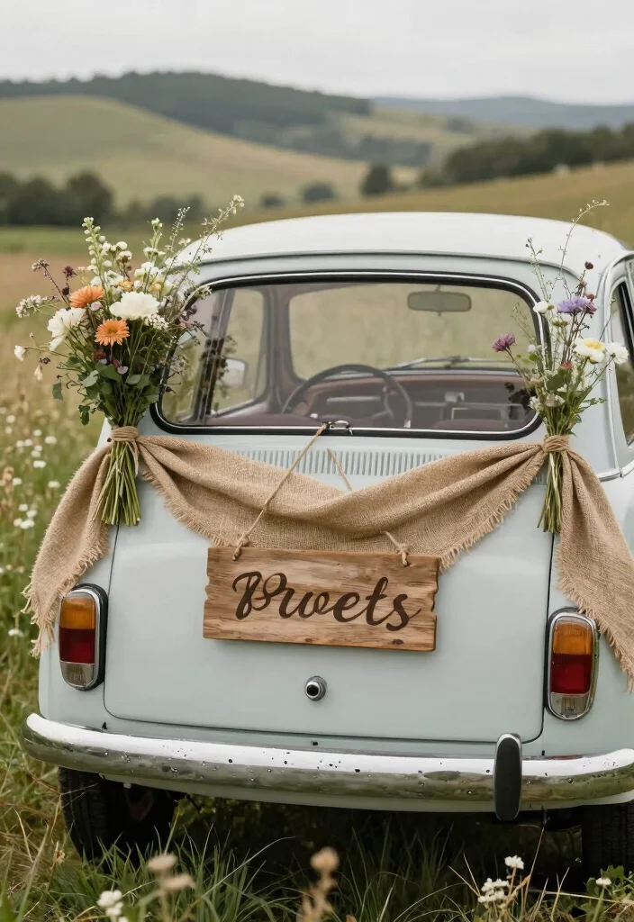 19 Wedding Cars Decoration Ideas That Make a Grand Entrance - 8. Rustic Charm 1