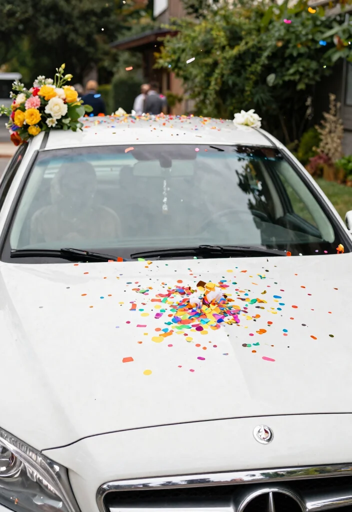 19 Wedding Cars Decoration Ideas That Make a Grand Entrance - 9. Colorful Confetti 1