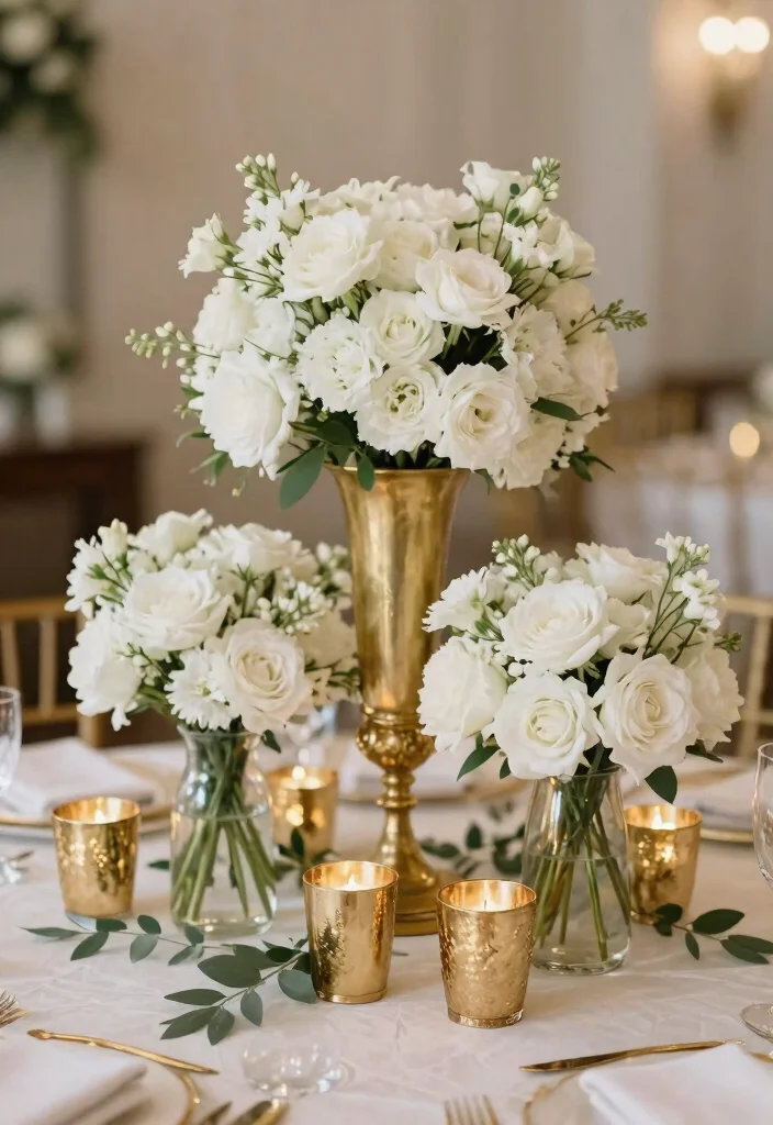 12 Gold and White Wedding Decorations That Don't Look Brassy - 5. Gold and White Centerpieces 1