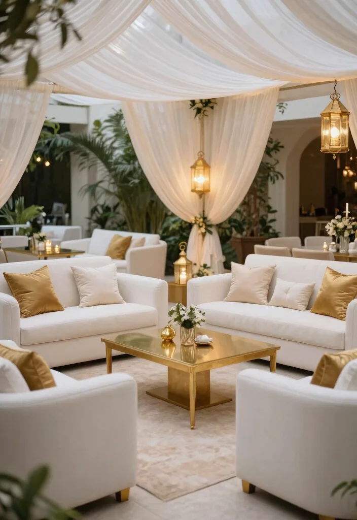 12 Gold and White Wedding Decorations That Don't Look Brassy - 7. Gold and White Lounge Area 1
