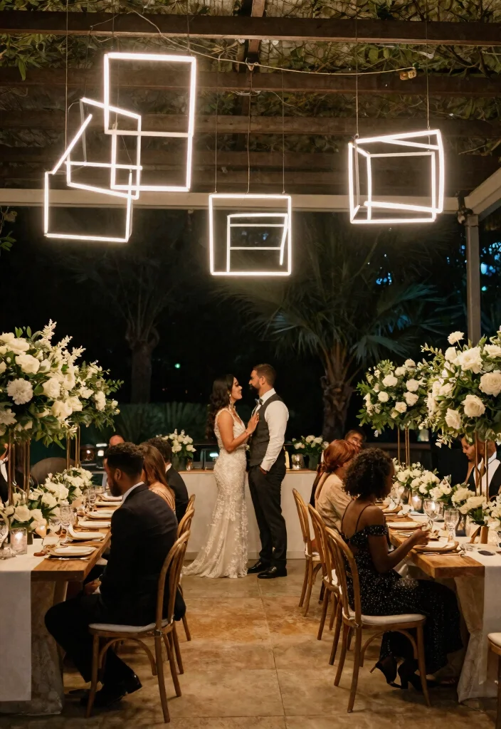 12 Wedding Lighting Decorations That Don't Blow Out in Wind - 7. Hanging LED Geometric Lights 1