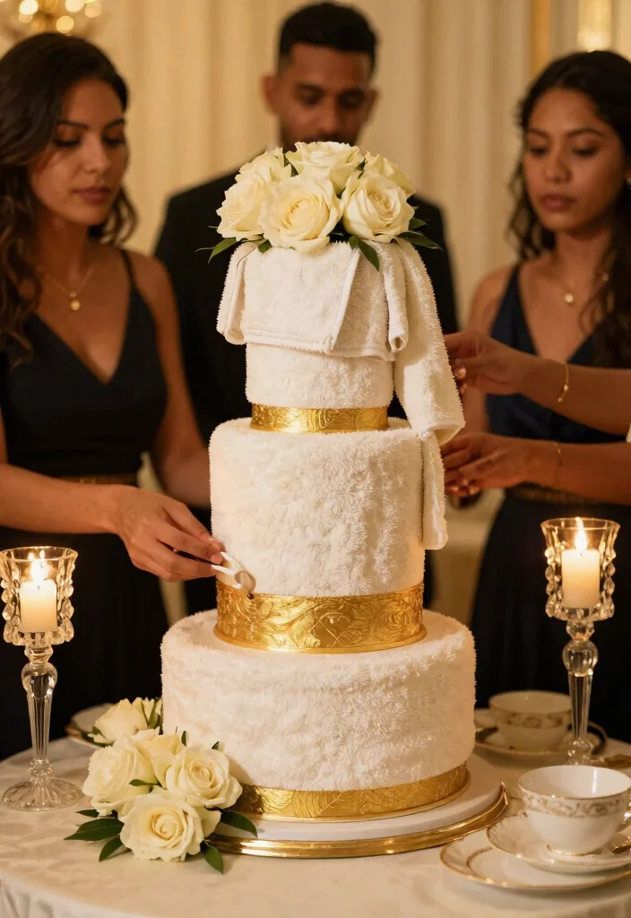 12 Wedding Towel Cake Ideas That Look Like You Hired a Pro - 2. Elegant White and Gold 1