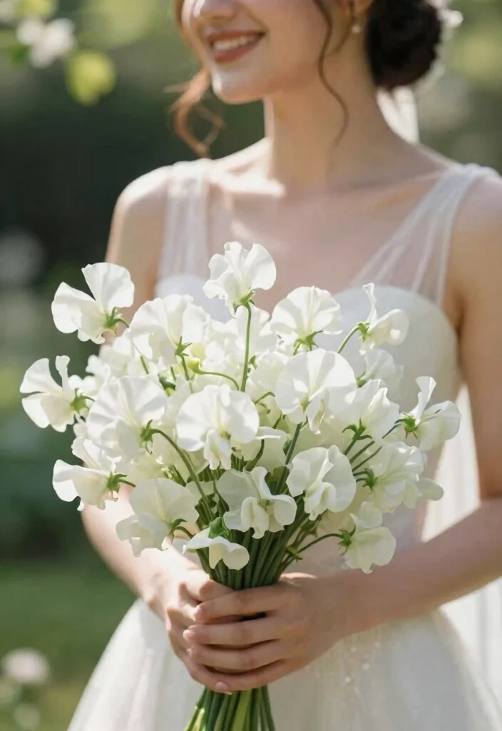 14 Elegant White Wedding Flowers for Bride Bouquets That Won't Wilt - 11. Graceful Sweet Peas 1