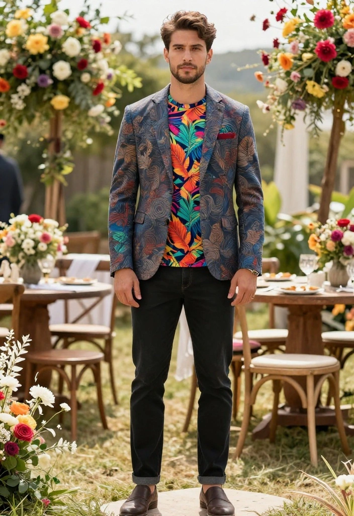 14 Spring Wedding Guest Outfit Men Ideas That Breathe Outdoors - 10. Vibrant Printed T-shirt with a Blazer 1