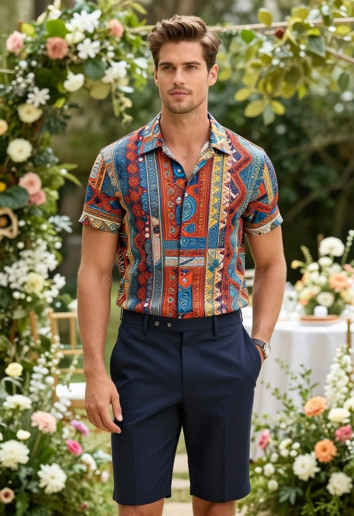 14 Spring Wedding Guest Outfit Men Ideas That Breathe Outdoors - 4. Brightly Patterned Short-Sleeve Shirt 1