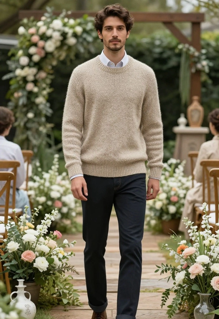 14 Spring Wedding Guest Outfit Men Ideas That Breathe Outdoors - 5. Natural Fiber Sweater Over a Dress Shirt 1