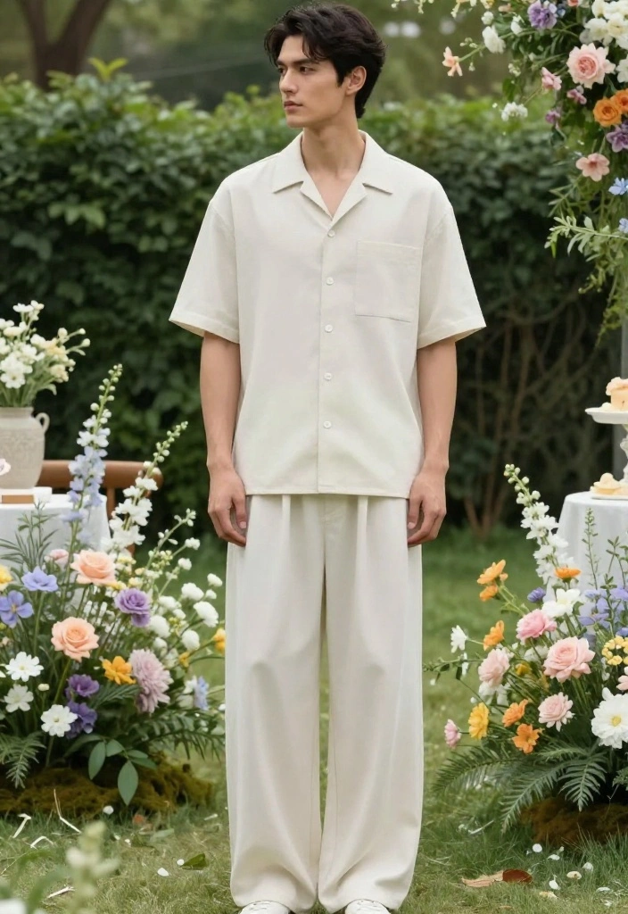 14 Spring Wedding Guest Outfit Men Ideas That Breathe Outdoors - 8. Breezy Maxi Dress Pants with a Short-Sleeve Button-Up 1