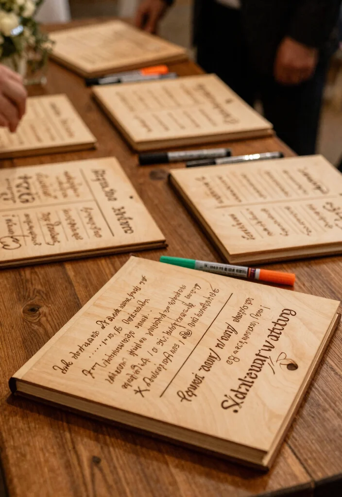 14 Wedding Guest Book Table Arrangements That Draw Every Guest - 3. Personalized Wooden Guest Book 1