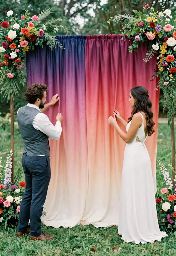 15 Wedding Fabric Backdrop Ideas That Stay Put - 10. Ombre Dyed Fabrics 1
