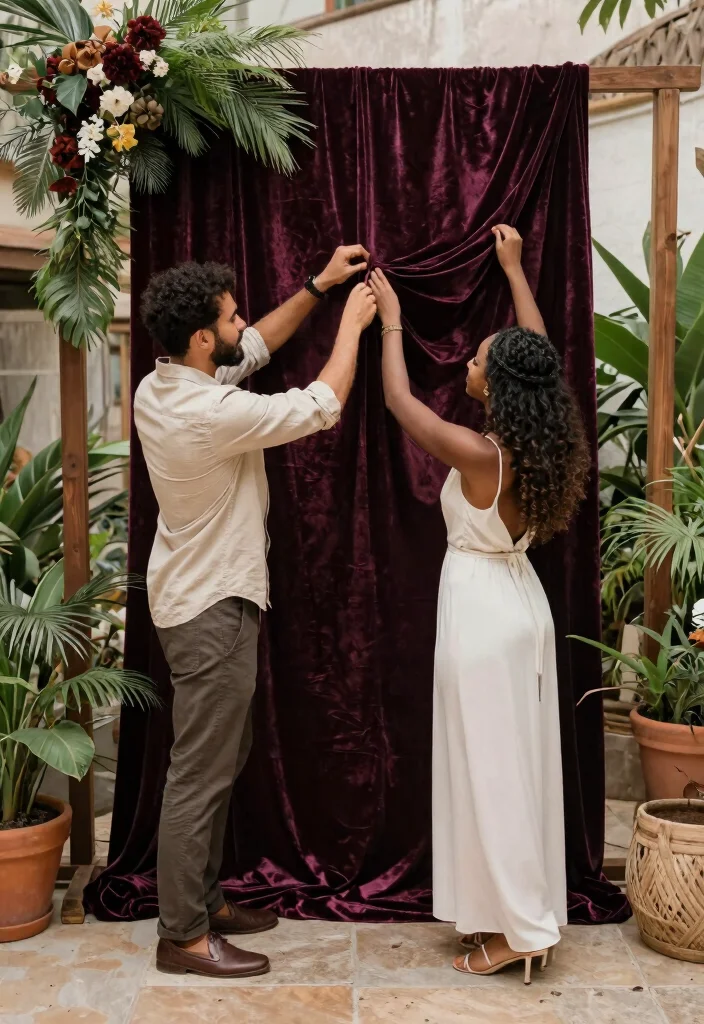 15 Wedding Fabric Backdrop Ideas That Stay Put - 13. Soft Velvet Backdrops 1