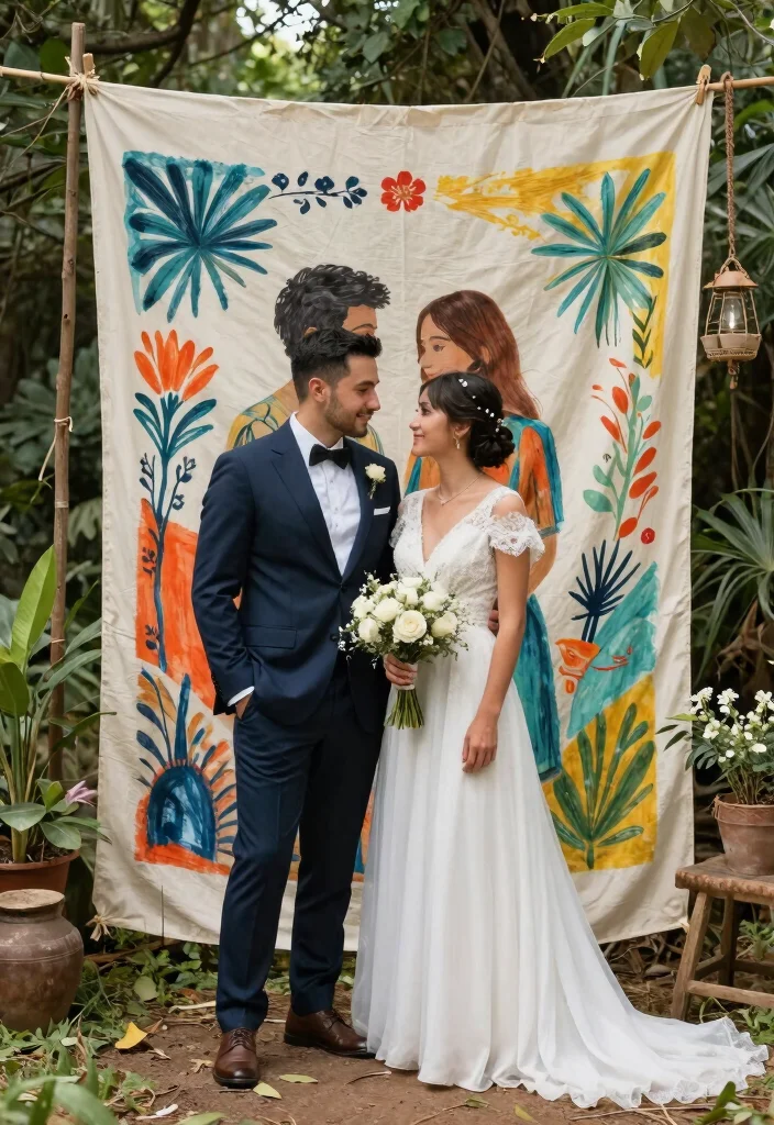 15 Wedding Fabric Backdrop Ideas That Stay Put - 14. Hand-Painted Fabric Backdrops 1