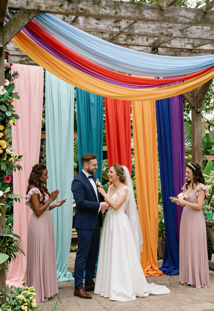 15 Wedding Fabric Backdrop Ideas That Stay Put - 2. Colorful Fabric Swags 1