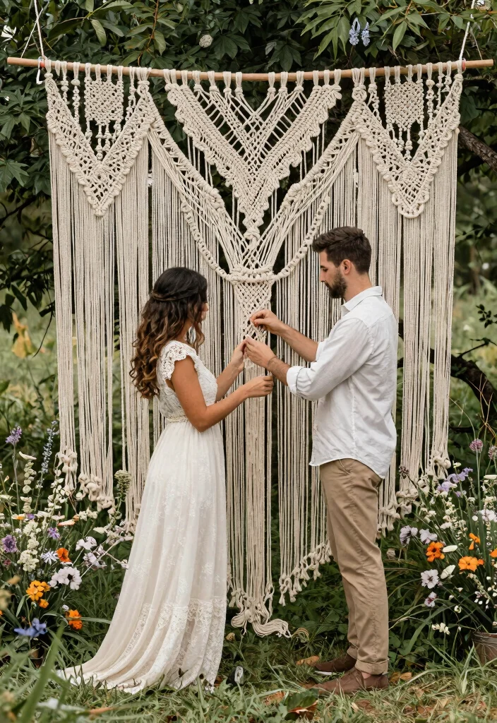 15 Wedding Fabric Backdrop Ideas That Stay Put - 3. Bohemian Macrame Backdrops 1