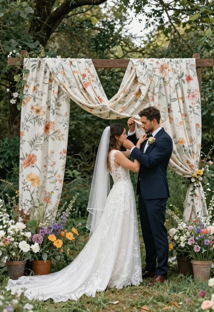 15 Wedding Fabric Backdrop Ideas That Stay Put - 4. Floral-Printed Fabrics 1