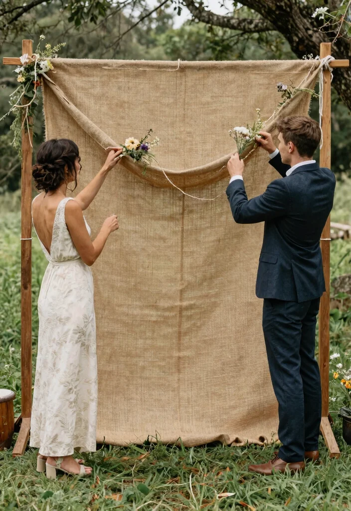 15 Wedding Fabric Backdrop Ideas That Stay Put - 5. Rustic Burlap Backdrops 1