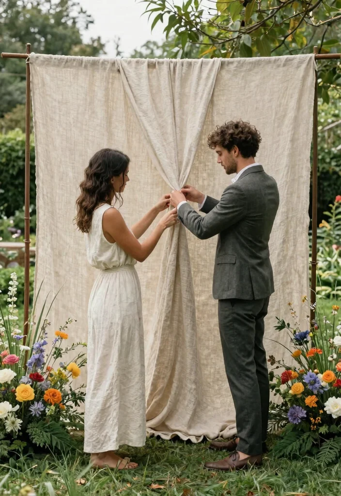 15 Wedding Fabric Backdrop Ideas That Stay Put - 7. Textured Linen Backdrops 1