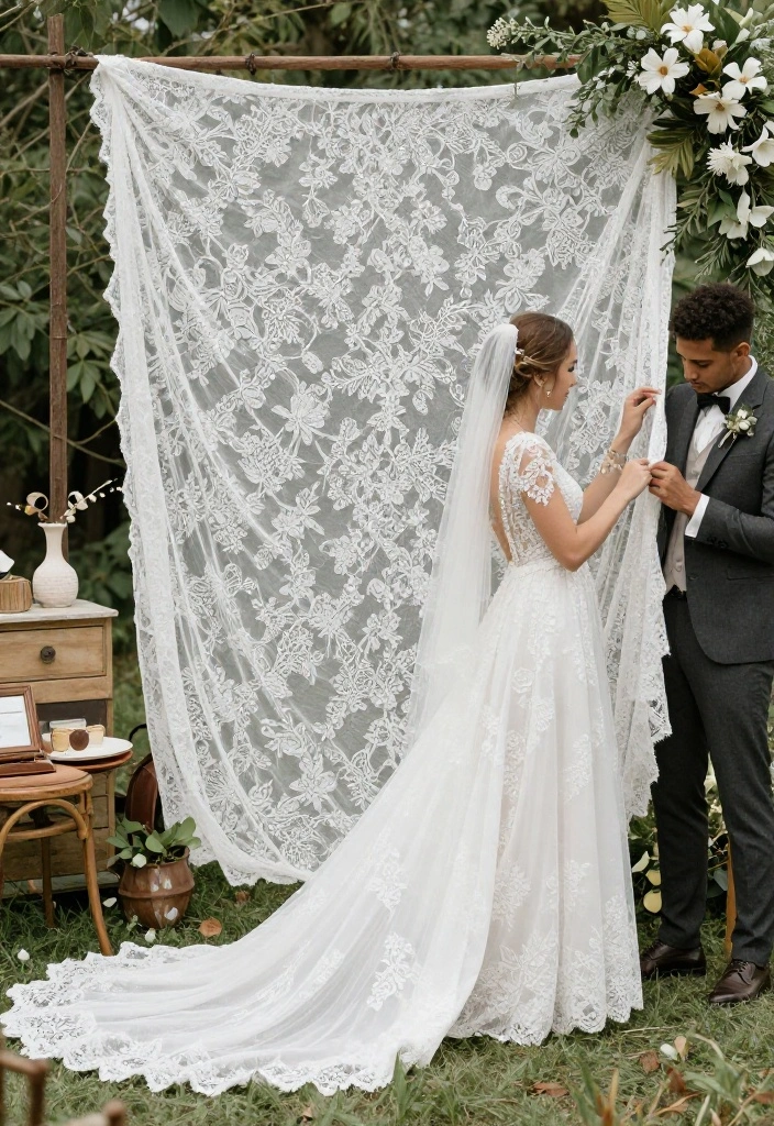 15 Wedding Fabric Backdrop Ideas That Stay Put - 9. Vintage Lace Overlays 1