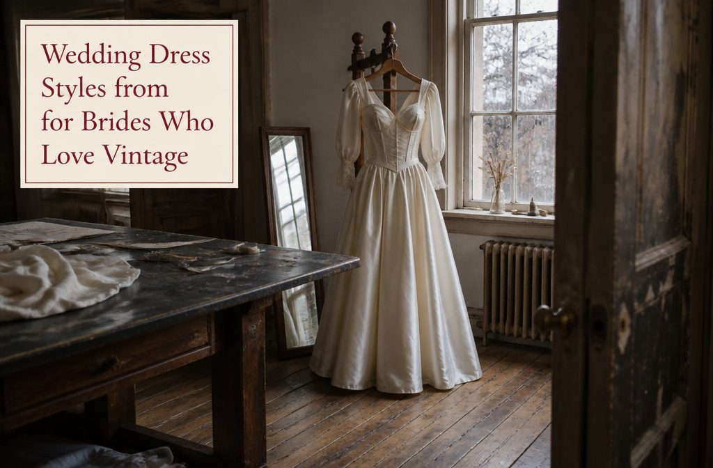 Bride in a vintage wedding gown with a lace bodice and full skirt